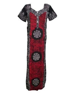 Mogul Black Red Batik Print Maxi Caftan Button Front Short Sleeves House Dress L