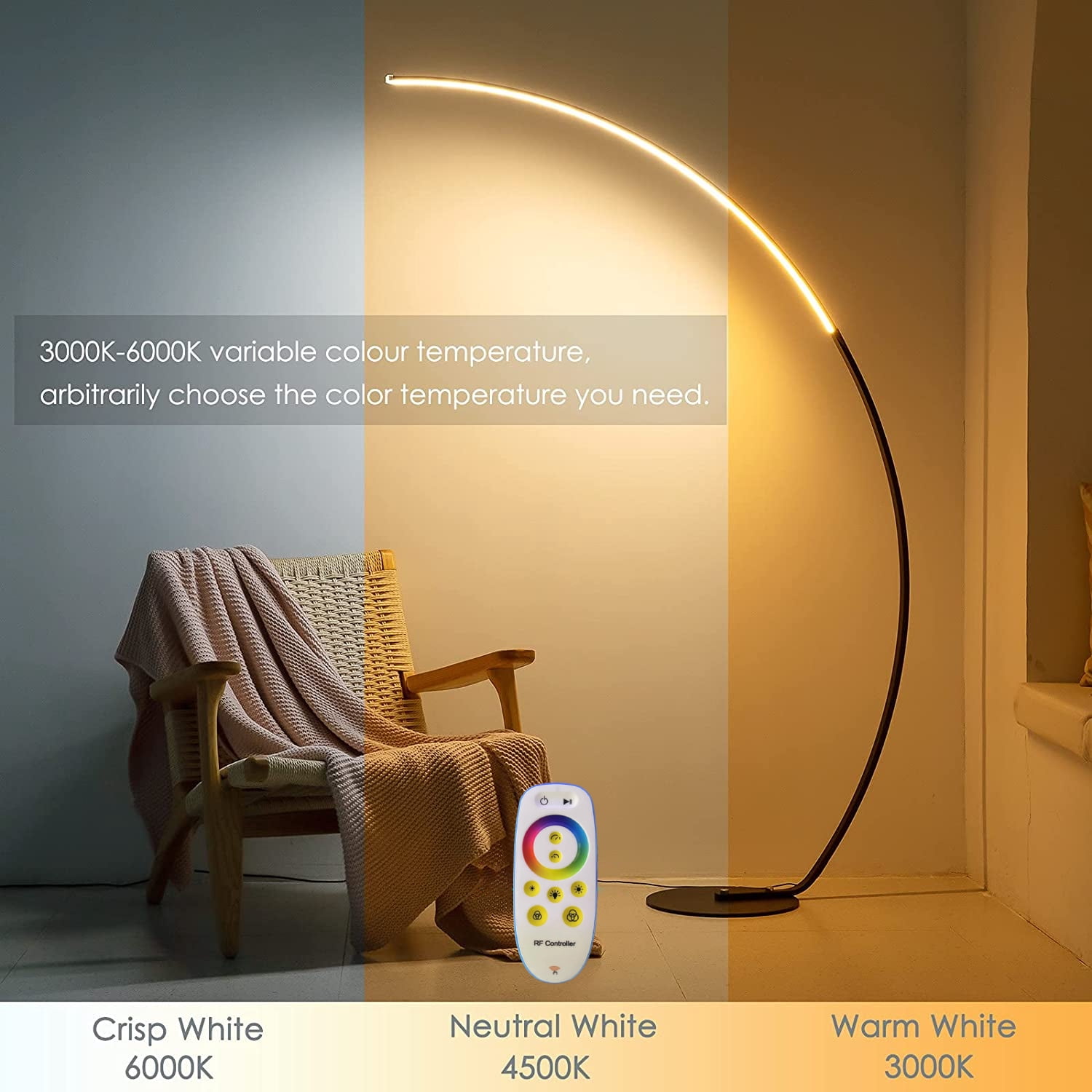 Lamp Depot 67" Modern Arc Floor Lamp,Curved Dimmable LED Lamp Tall Standing Light with Remote Control for Living Room Bedroom and Office
