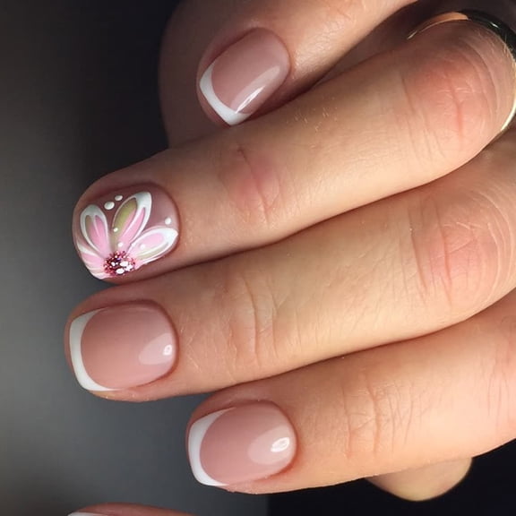 KUFptva 24 Pcs French Tip Press On Nails Short Square False Nails Elegant Flowers Acrylic Nails Glossy Full Covers Stick on Nails