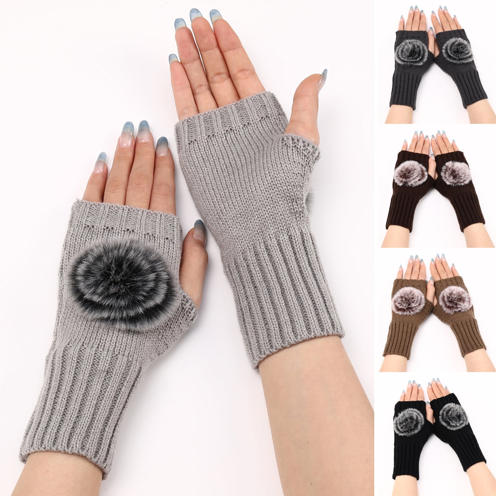 rygai 1 Pair Knitted Gloves Plush Ball Half-fingers Fingerless