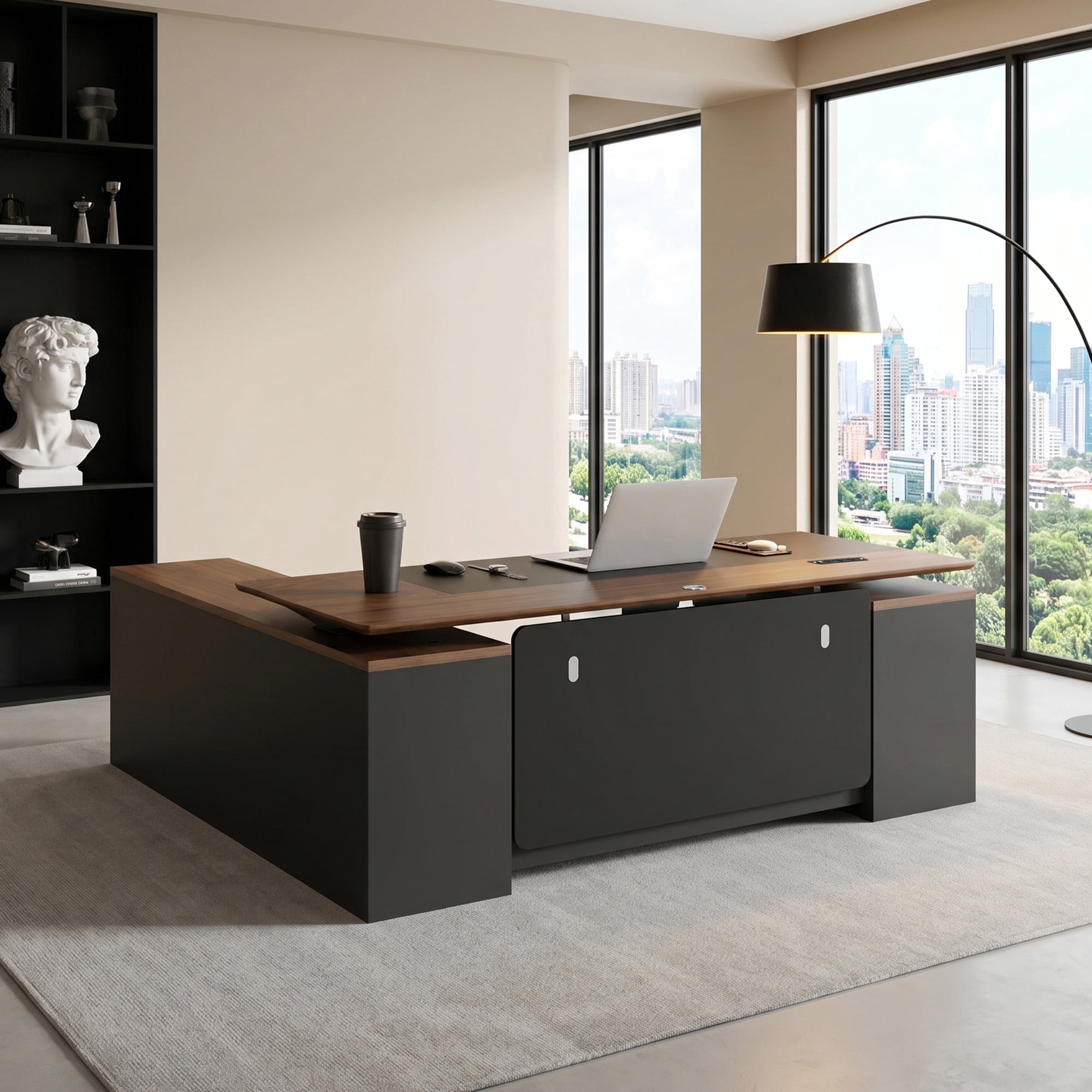 78 L-Shaped Electric Standing Desk with Dual Motors Built-in Power Outlets Storage Cabinet Drawers and Cable Management Height Adjustable Executive Office Desk Walnut and Black