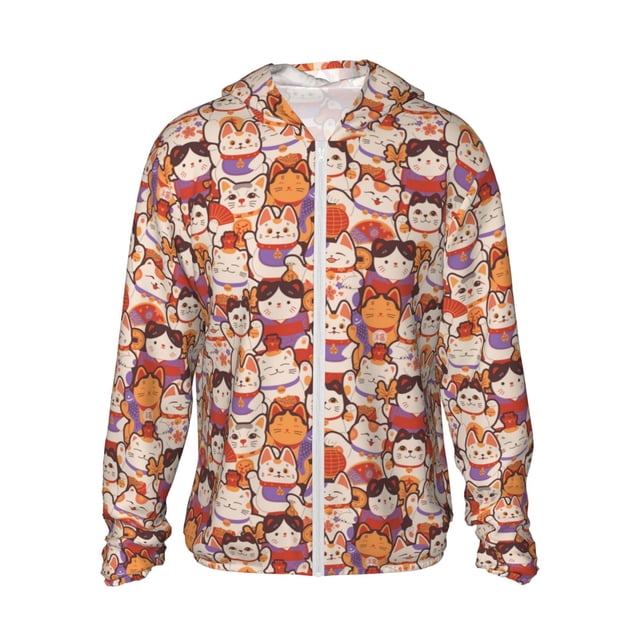 Balery Maneki-Neko Cats Sudadera ligera de manga larga con capucha y protección solar UPF 50+ para hombre y mujer, ideal para pesca y running-XX-Large