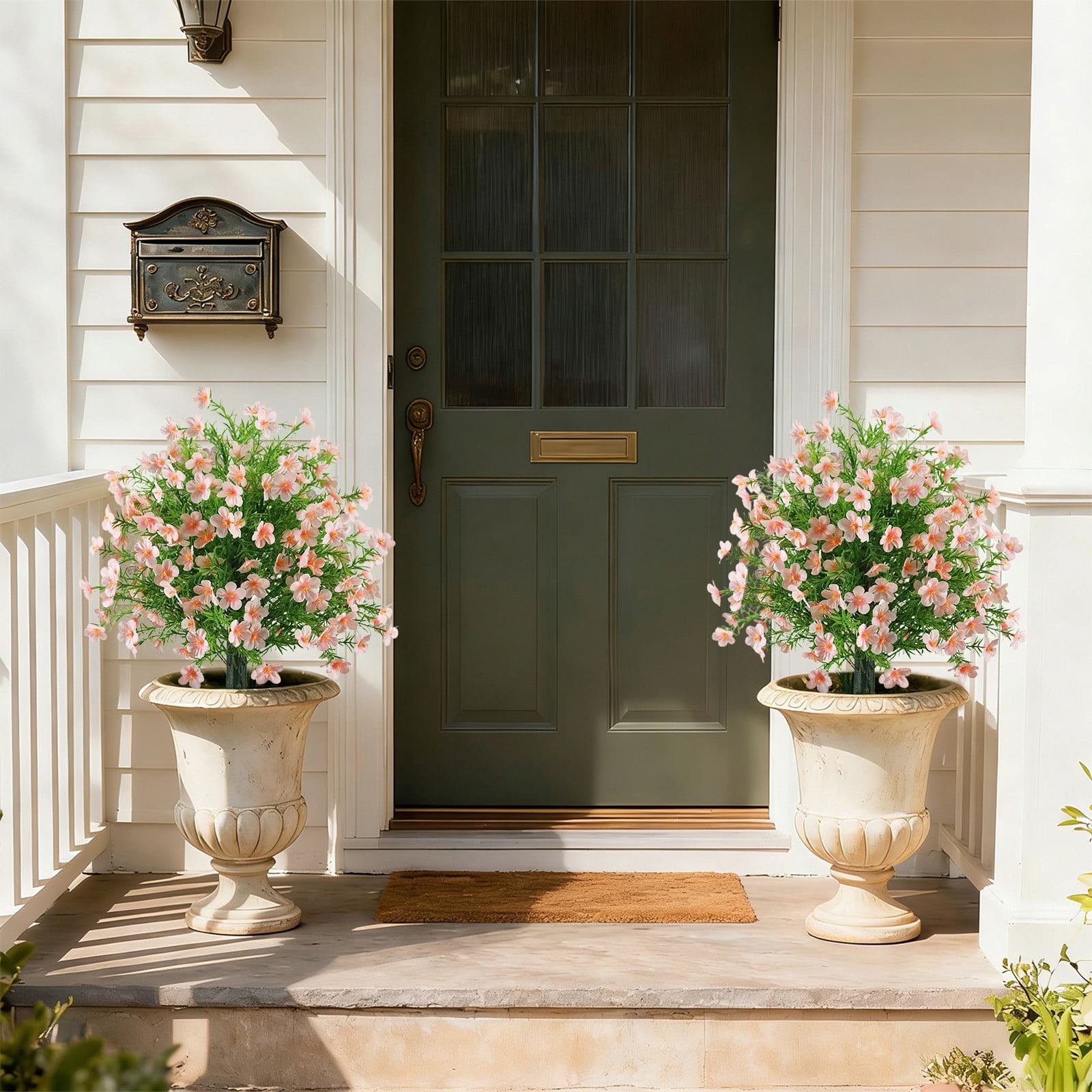 Gumesh Artificial Plants Outdoor Flowers- UV Resistant Boxwood & Baby’s Breath Greenery for Porch, Patio, Garden, All Season Faux Plants in Pot