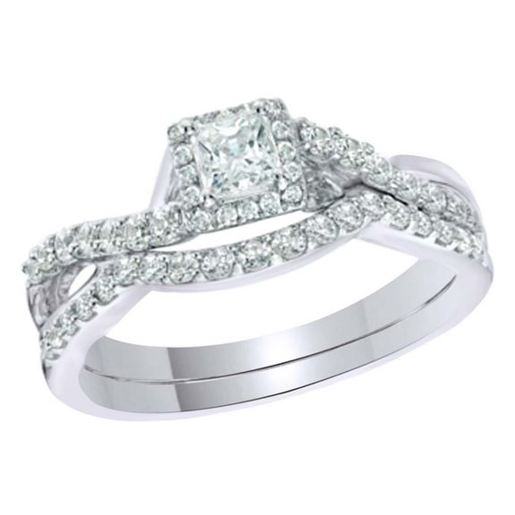 AFFY White Cubic Zirconia Frame Twist Shank Bridal Ring Set In 10k White Gold (0.75 Cttw)