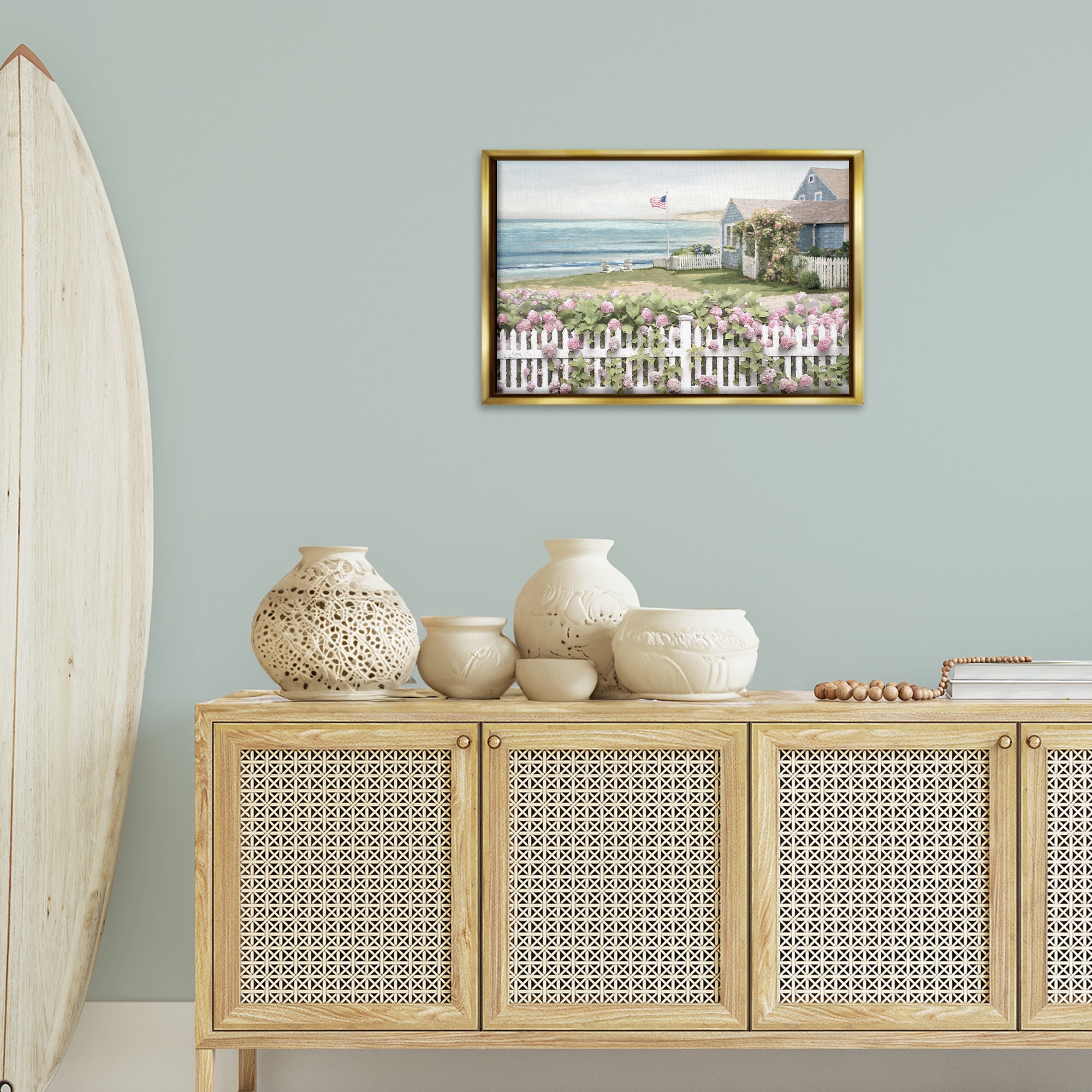 Stupell Industries Coastal Bay Cottage Landscape & Nature Painting Gold Floater Framed Canvas Art Print Wall Art, 25 x 17