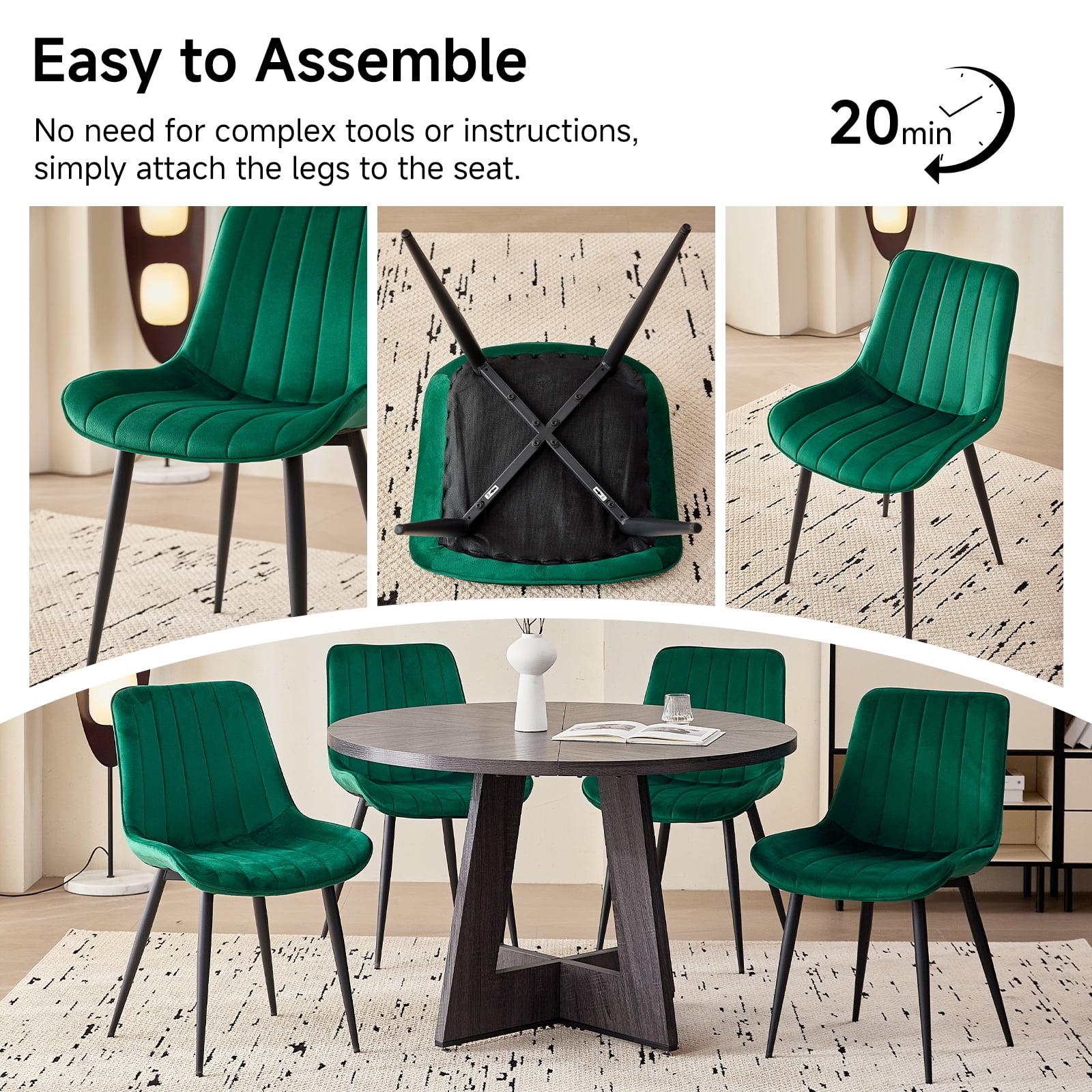 Velvet Dining Chairs Set of 2, Modern Upholstered Armless Kitchen Chair with Metal Legs for Bedroom Living Waiting Room, Green