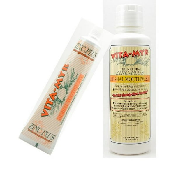 VITA-MYR Value Package 1 – 1 Tube Original 4 Oz Zinc+ Natural Toothpaste & 1-16 Oz Natural Mouthwash. Gluten Free. Vegan, No SLS, No Sugar, Fluoride, Alcohol or Saccharin.