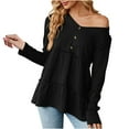 thumbnail image 5 of Dressy Casual Shirts Ladies Fall V Neck Buttons Ruffle Cute Babydoll Tops Crochet Textured Plain Pullovers (Large, Black), 5 of 5