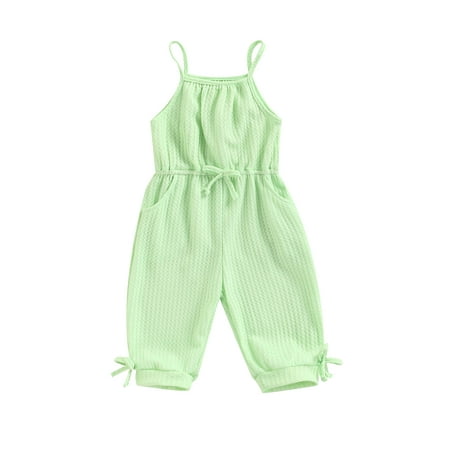 

Suanret Kids Little Girls Summer Jumpsuit Plain Color Sling Drawstring Romper Elastic Bands Knee-Length Jumpsuit Green 5-6 Years