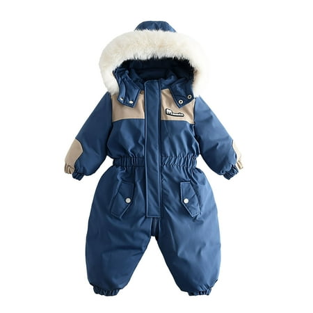 Xfvqtps Snowsuit One Piece Fake Fur Hooded Rompers Keep Warm Color Blocking Waterproof Windproof Winter Jumpsuits Navy