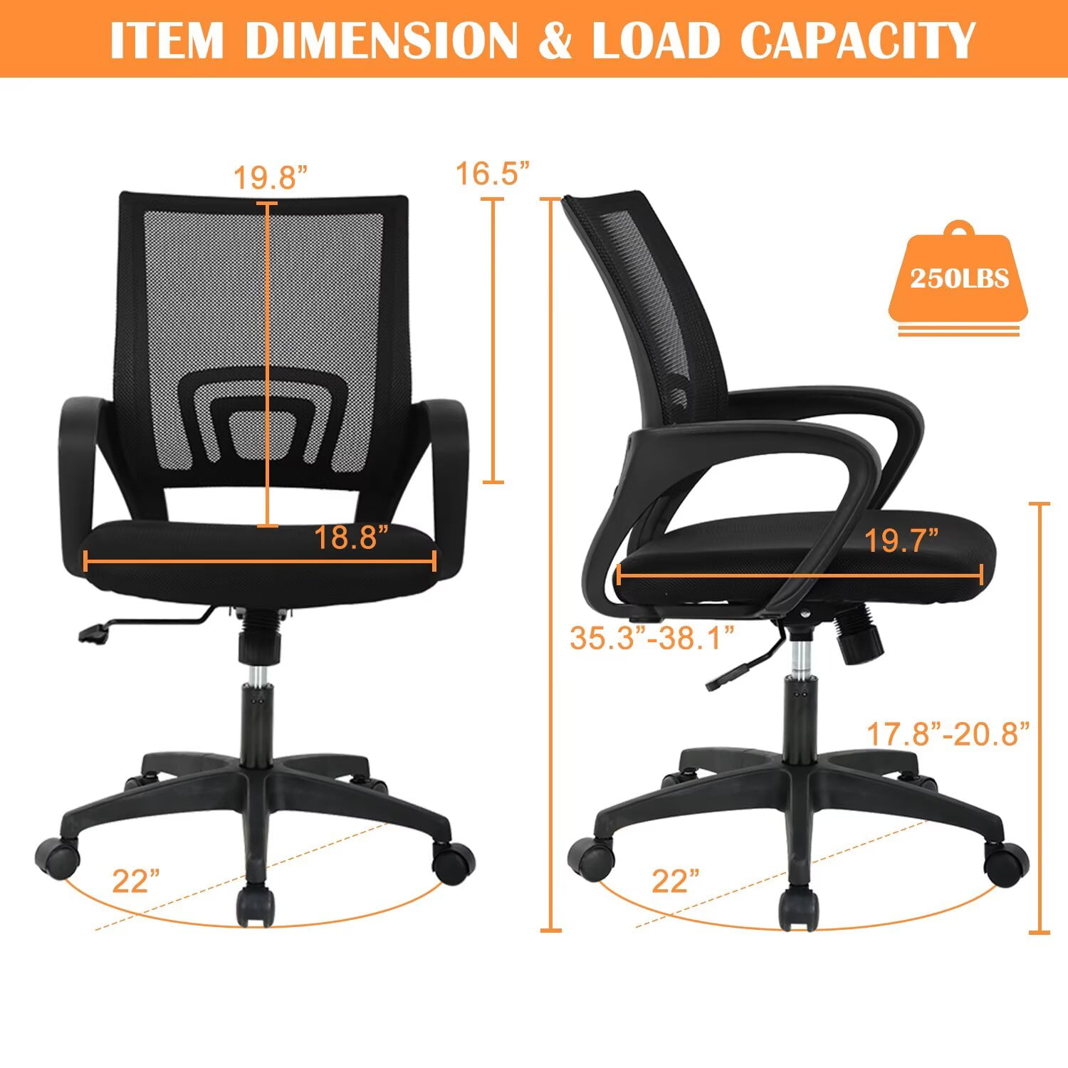 YRLLENSDAN Mesh Office Chair with Lumbar Support and Armrest, Comfortable Desk Chairs with Wheel, Home Swivel Chair with Adjustable Height and Tilt, Black, 2 Pack