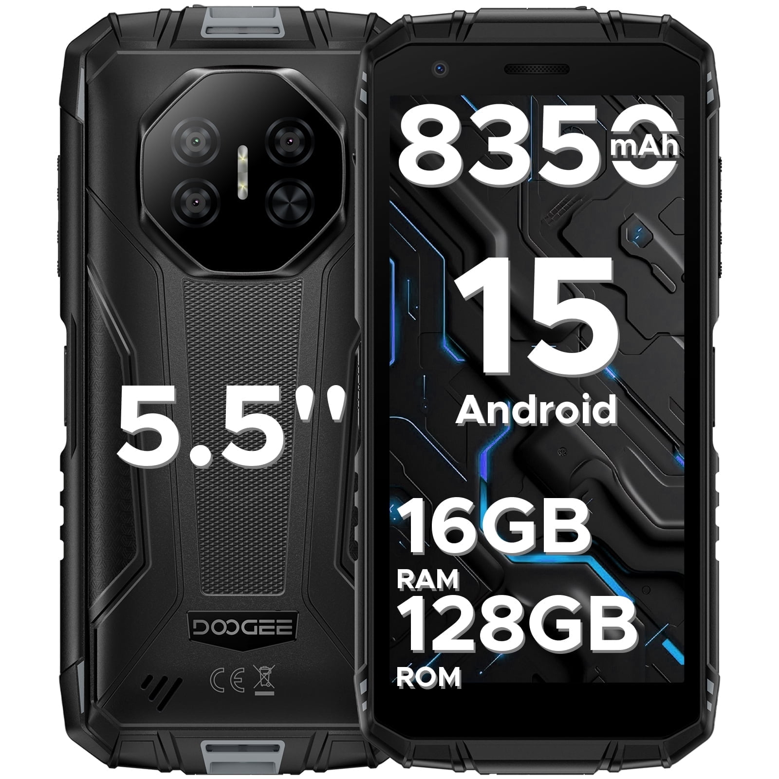 DOOGEE Fire 3 Pro Rugged Phone Unlocked,16GB+128GB/2TB,8350mAh/18W,5.5"HD+ IPS,Android 15,IP68/IP69K Waterproof,Widevine L1/NFC/Face ID/GPS