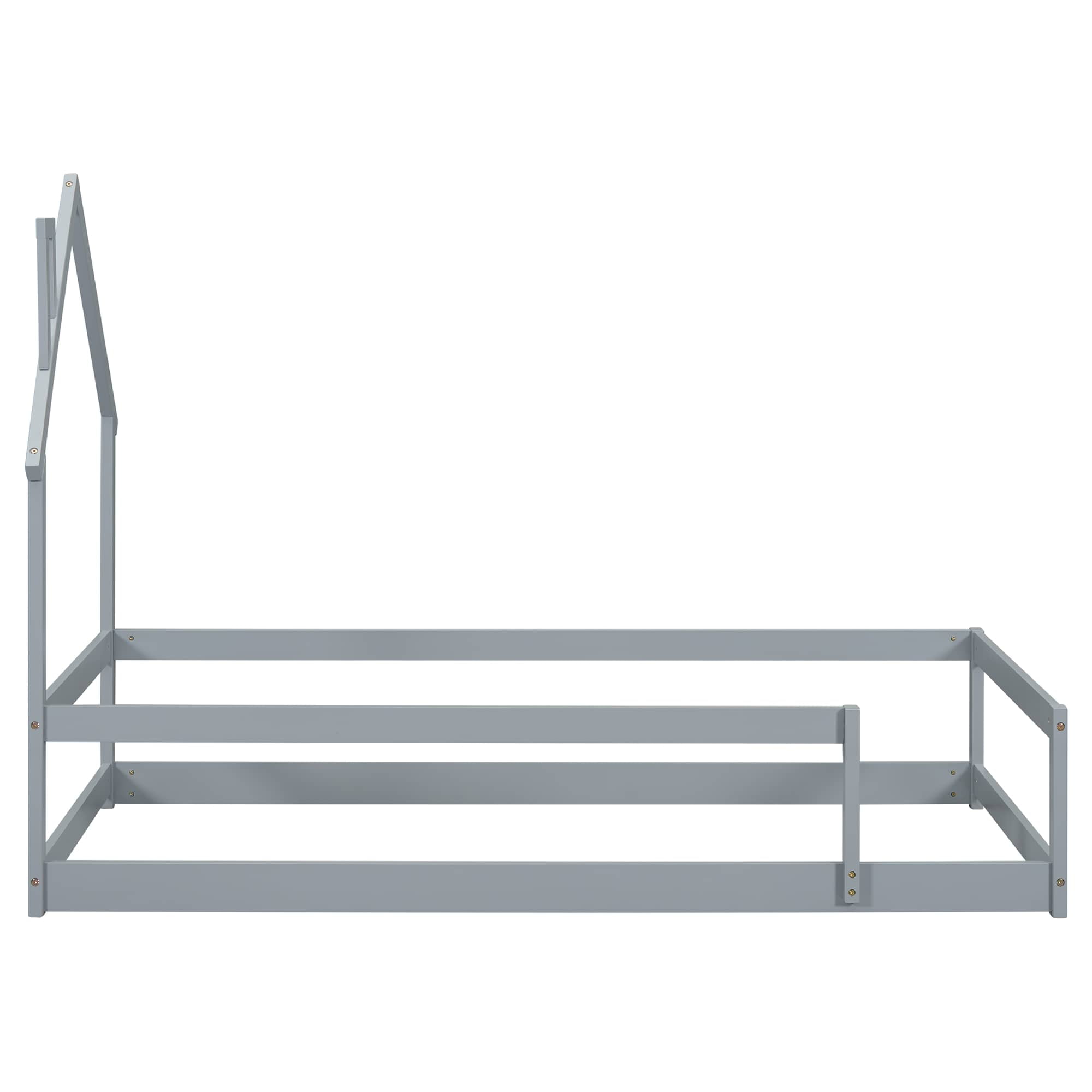 MAYEERTY Twin Size Wood Bed Frame with House-Shaped Headboard with Fences for Adult, Grey