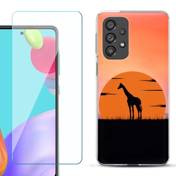 Slim-Fit Gel TPU Phone Case for Samsung Galaxy A33 5G, with Tempered Glass Screen Protector, by OneToughShield ® - Sunset Giraffe