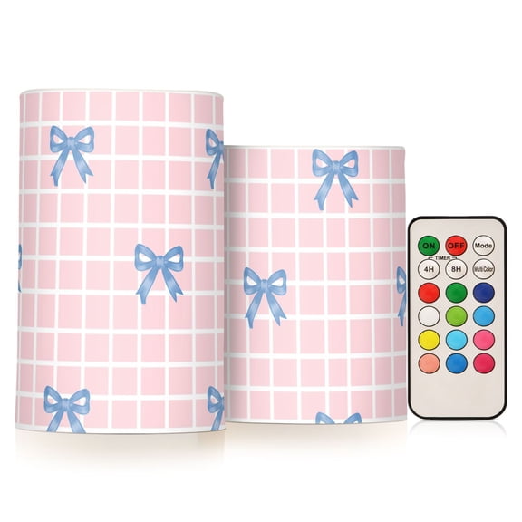 Blue Bowknot Check Flameless Candles Flickering with Remote and Timer Battery Operated LED Pillar Candle Set of 2