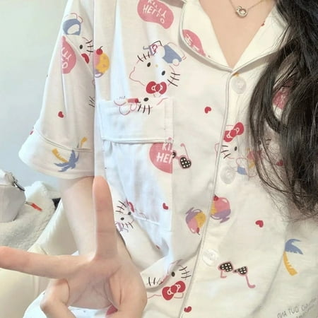 

Kawaii 2 Pieces Pajamas Sets Sanrio Hello Kitty Anime Homewear Summer Short-Sleeve Cardigan Pijama Suit Girl Sleepwear