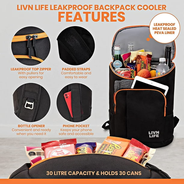 LIVN LIFE Backpack Cooler Insulated Leakproof. 30 Can Soft Cooler Bag with  8mm Insulation. Cooler Backpack for Men 