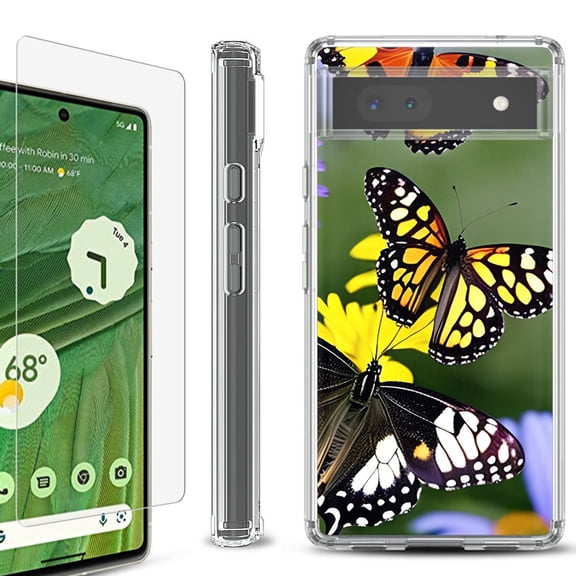 Shockproof Bumper Phone Case for Google Pixel 6a, with Tempered Glass Screen Protector, by OneToughShield ® - Butterfly/Flower