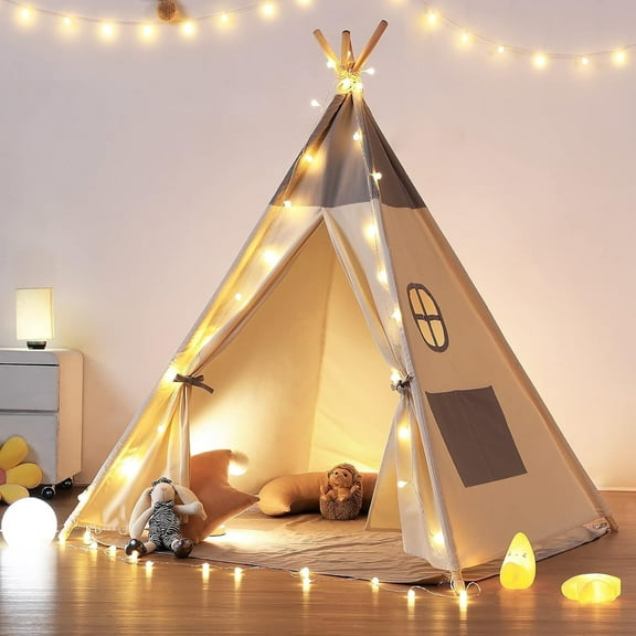 Besrey Teepee Tent for Kids with Light & Mat,Toddler Playhuose Tent for Ages 3 Girls and Boys,Child Play Tent,Matt Grey