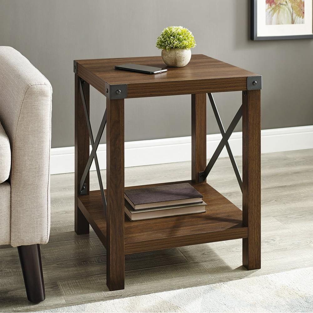 Woven Paths Magnolia Metal X End Table, Dark Walnut