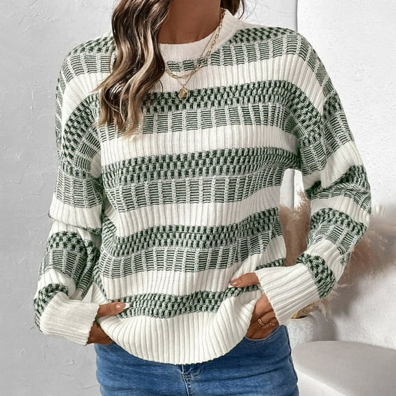 Aueoeo Women's Striped Knit Sweaters Fall Winter Crew Neck Long Sleeve Casual Sweater Pullover Tops Army Green L
