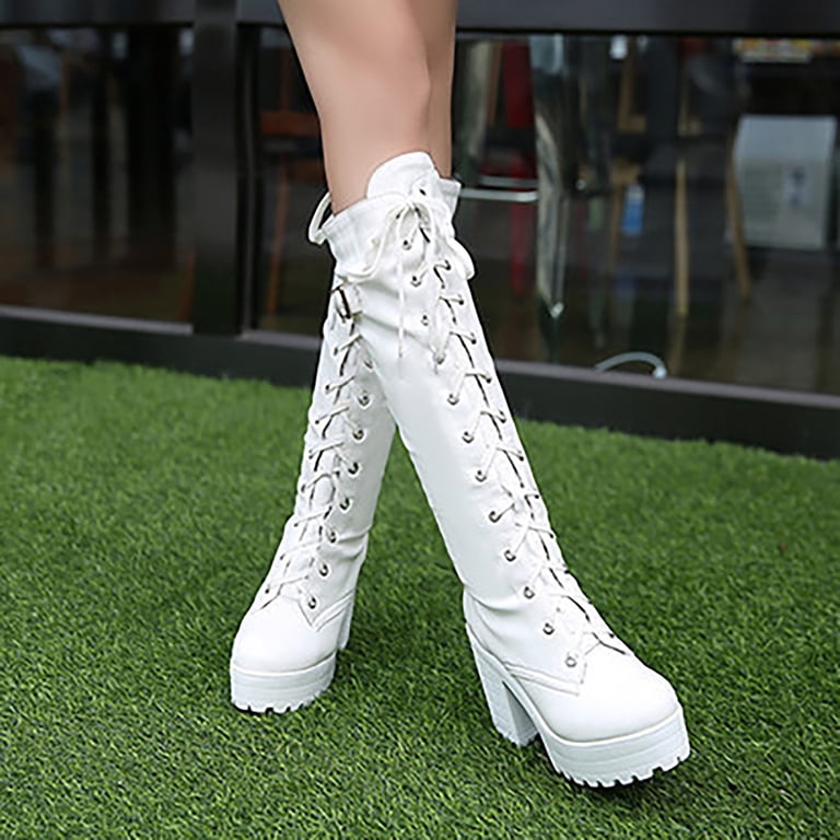 Mepaouo Women's Platform Knee High Boots High Heel Lace up Riding Combat Dress Boots(White,6) Mepaouo Women's Platform Knee High Boots High Heel Lace up Riding Combat Dress Boots(White,6)