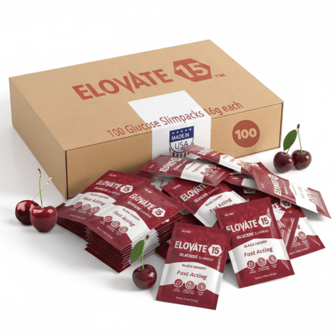 Elovate 15 Fast Acting Glucose Powder Packets, Black Cherry - 100 Count Case, 15g Pure Dextrose, Gluten-Free