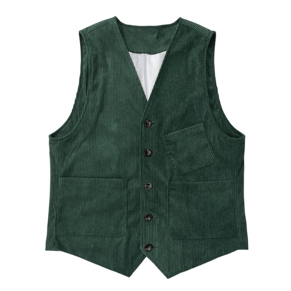 Fnnxeal Big & Tall Mens Corduroy Vest for Casual & Wedding, Green Stretch Cotton Slim Fit Waistcoat with Pockets, 5-Button V-Neck Fall Layering,Size M