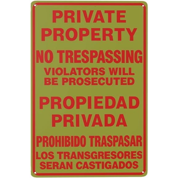Private Property No Trespassing Sign - Bilingual English/Spanish Warning Sign with Violators Will Be Prosecuted & Prohibido Traspasar - 12x8 In Durable Indoor/Outdoor Metal Wall Art for Home,Business