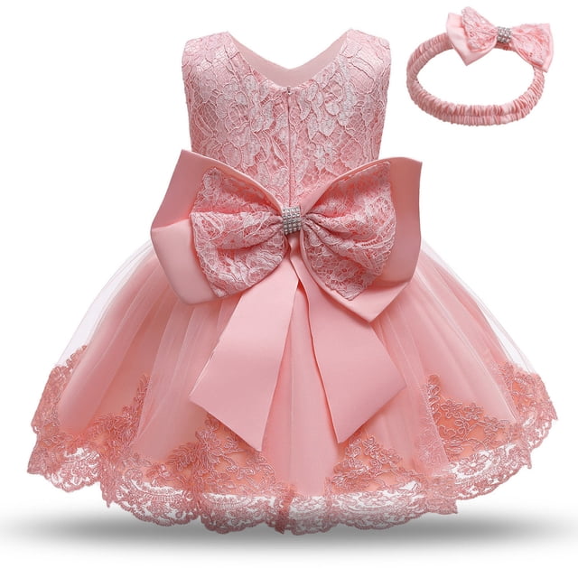 LSLJS Robe pour Bébé Fille à Volants en Dentelle et Tulle, Robe Tutu avec Nœud, Robes de Concours, Fête, Mariage avec Couvre-Chef