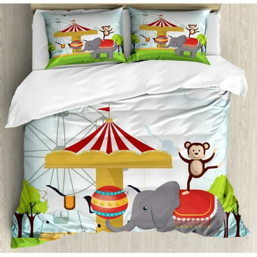 Carnival Duvet Cover Set King Size, Monkey and Elephant in a Circus Theme Park Festive Costumes Details Celebration, 3 Piece Bedding Set with 2 Pillow Shams, Multicolor, by Ambesonne