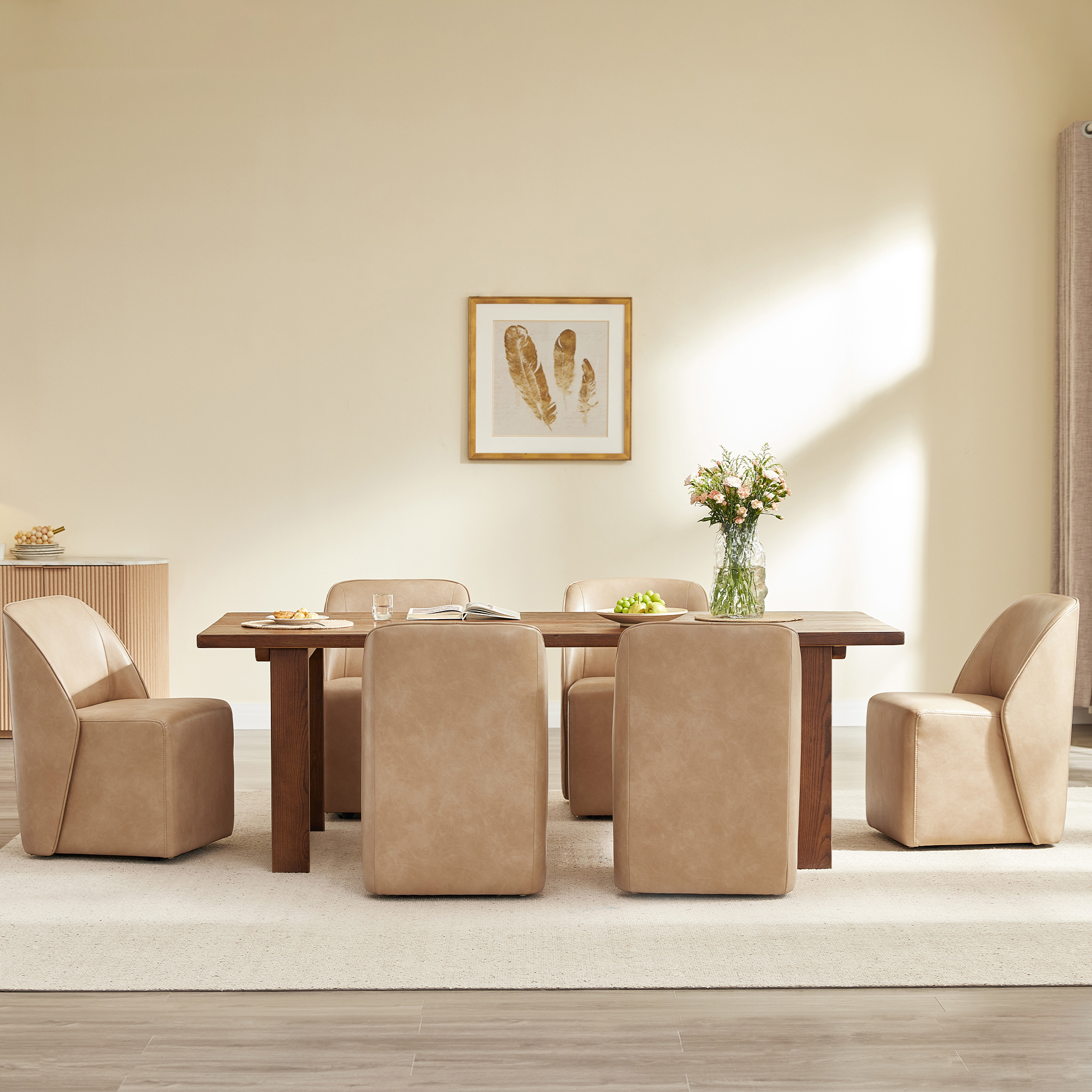 Spruce & Spring Rolling Upholstered Dining Chair with Smooth Hidden Casters Set of 2, Tan