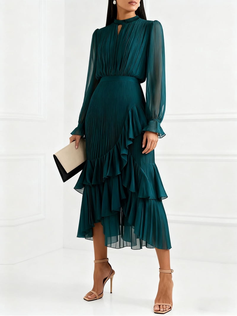 ruffled pleated asymmetric dress Halter Neckline Pleated Asymmetrical Ruffle Dresses
