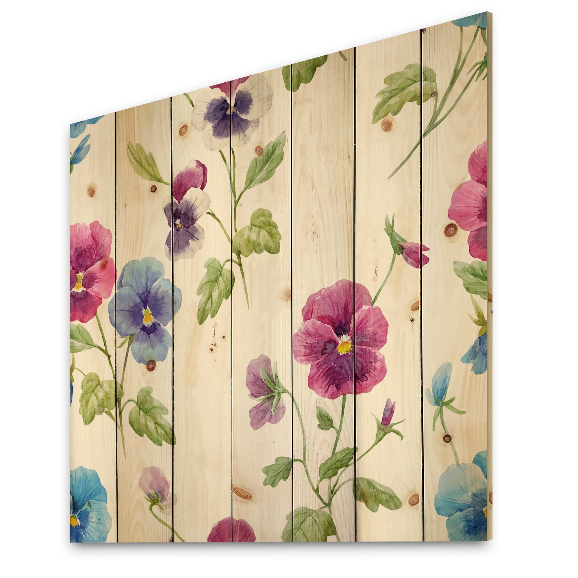 Designart 'Blue and Pink Pansy Flowers II' Traditional Print on Natural Pine Wood
