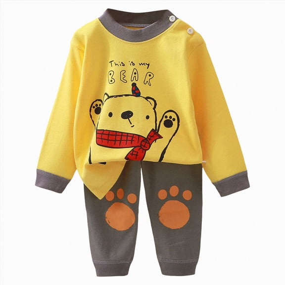 NOLDARES Toddler Baby Boy Clothes Print Long Sleeve Sweatshirt Tops Pants Set 2pcs Fall Winter Outfits Casual Clothing(Yellow,6-12 M)