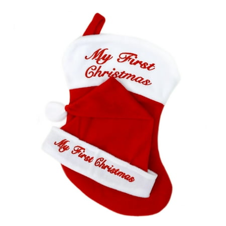 - Holiday Time My First Christmas Baby Red Stocking and Santa Hat Set