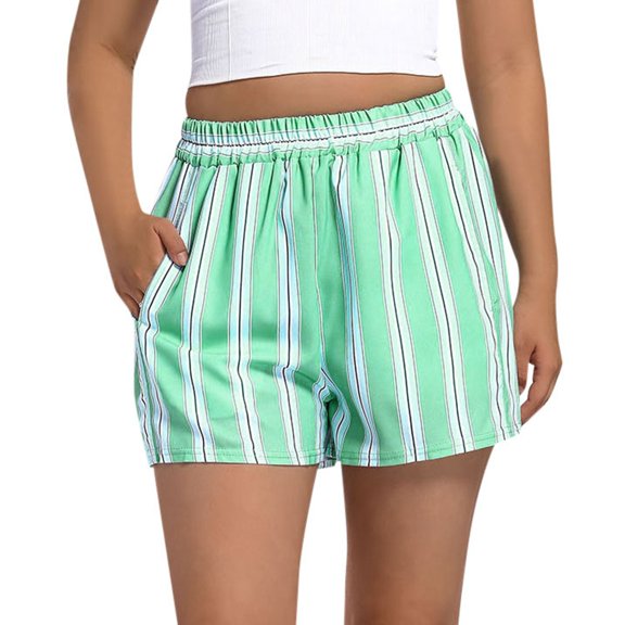 AJGRHE Women's Fashion Striped Casual Elastic Waist Pocket Shorts Green XL
