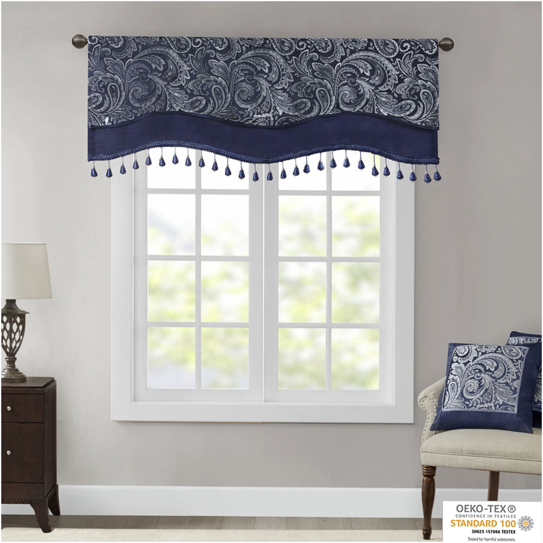 JERFIT Navy Blue Jacquard Valance with Beaded Trim, 50x18 Inch Paisley Window Curtain Valance for Rod Pocket, OEKO-TEX Certified Polyester