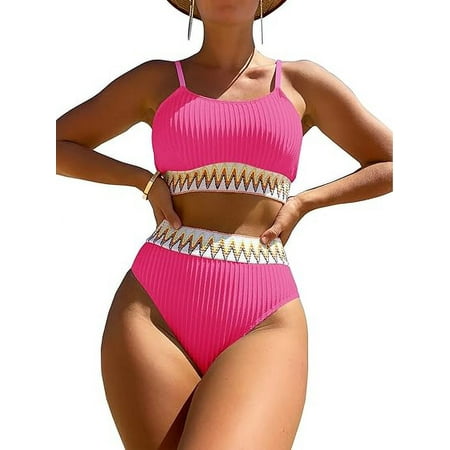 SkyAuks Spandex Swimsuit Set for Women  Ribbed Contrast High Waisted Tummy Control Bikini 2 Piece  Pink  M