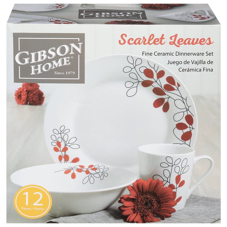 葉の形状のホワイト・レッド食器セット Gibson Home Scarlet Leaves Dinnerware Set, 12 Piece - Walmart.com
