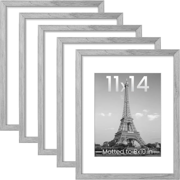 11x14 Picture Frame Set of 5, Display Pictures 8x10 with Mat or 11x14 Without Mat, Wall Gallery Photo Frames, Gray