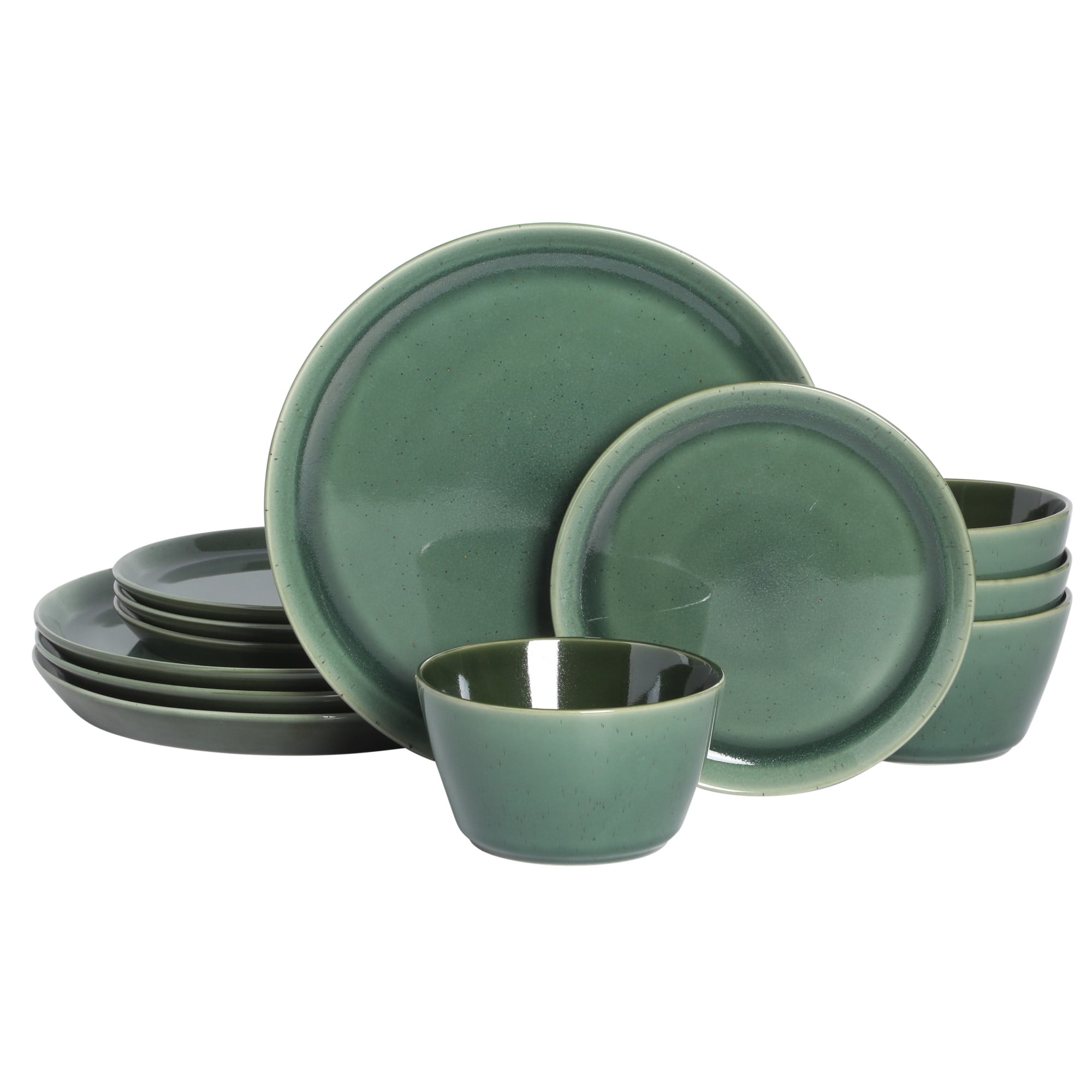 Gibson Elite 12 Piece (Service for 4) Fern Canyon Reactive Glaze Modern Coupe Dishes Stoneware Dinnerware Set - Glossy Green