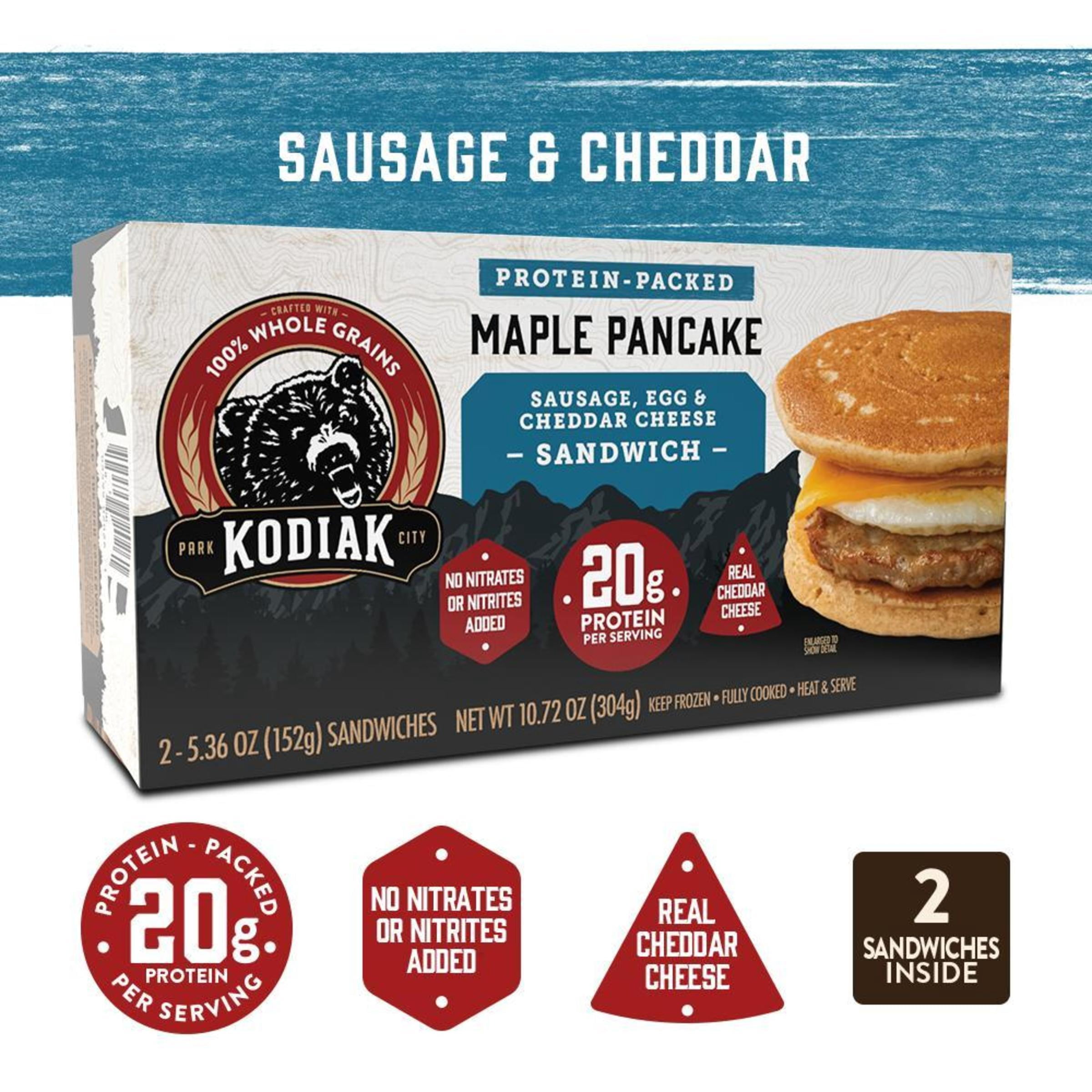 Kodiak Protein-Packed Frozen Breakfast Sandwiches, Sausage and Cheddar, 2 Count