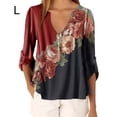 thumbnail image 1 of Blusa Camisa con cuello en V con estampado floral Blusa suelta de manga larga Top de mujer, Rojo, L Vogacara AP002021-19, 1 of 5