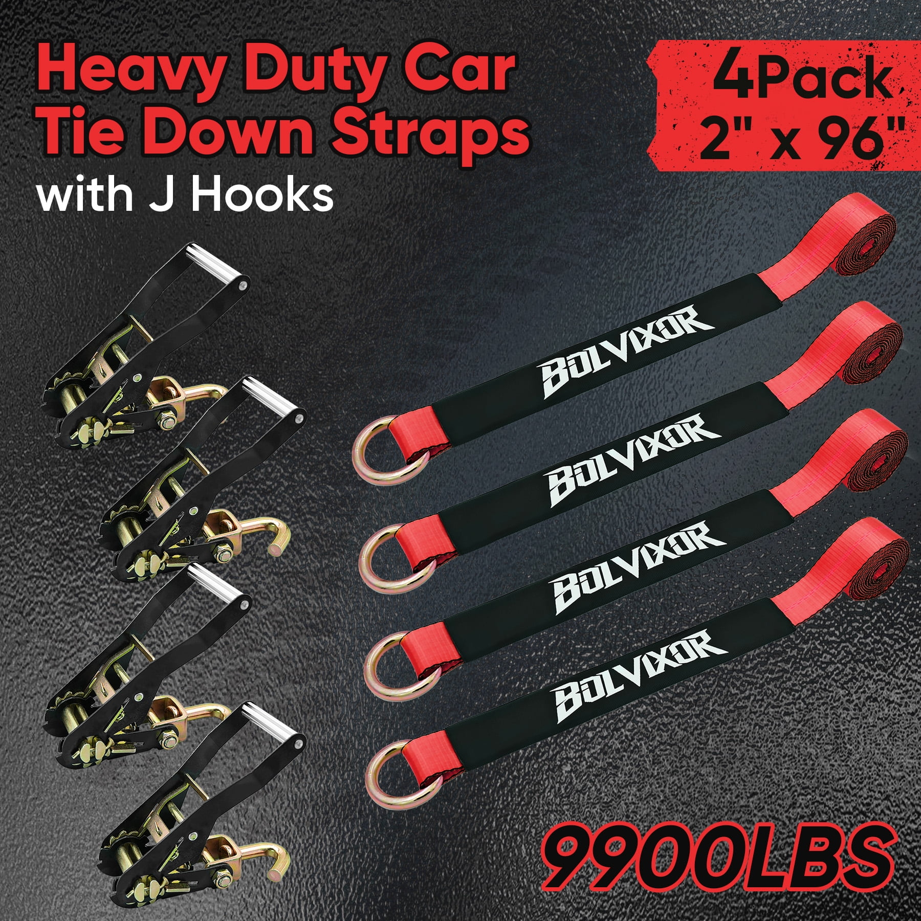 4 Pack Car Tie Down Straps for Trailers 2" x 96" - 9900LBS Break Strength - Tire Ratchet Straps with J Finger Hooks for Hauling UTV, SUV, Truck, Any Cars