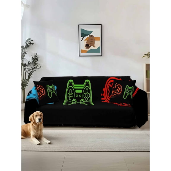 Game Controller Couch Cover, Modern Art Gaming Handheld Black Sofa Cover Blanket for 2 Seat Cushion, Sectional Sofa Slipcover Furniture Protector for Living Room Bedroom 71''x102''