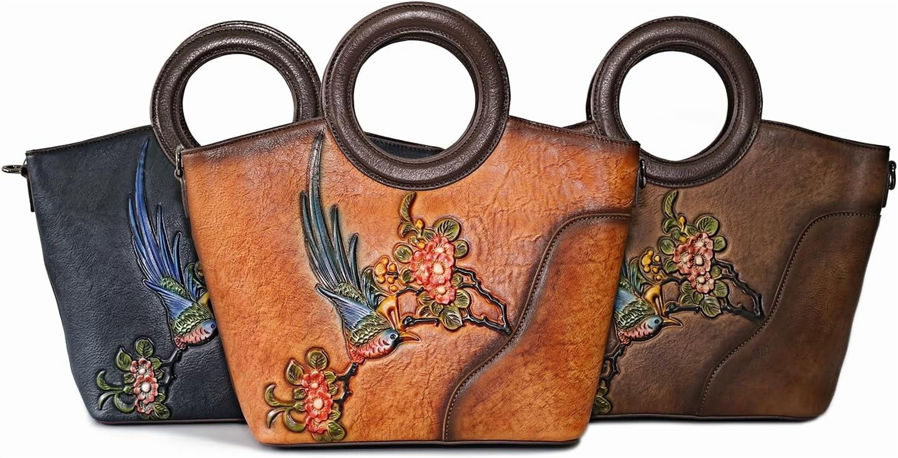 Kwuty Leather Satchel for Women Top Handle Bags Handmade Purse Vintage Embossed Leather Crossbody Handbags Hobo Bag