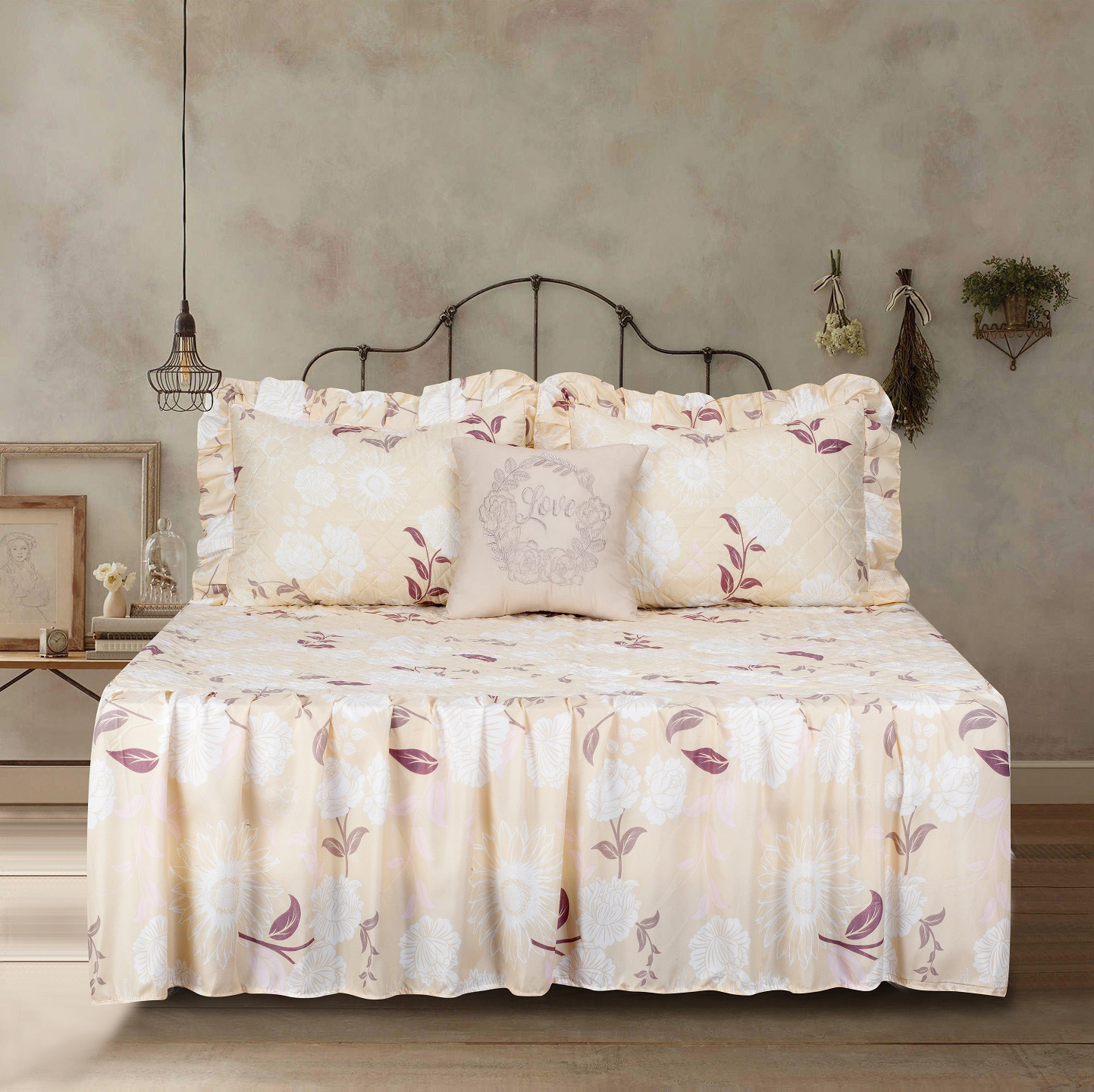Floral Flowers Ruffle Full Quilt Bedspread Bedding Set with Embroidered