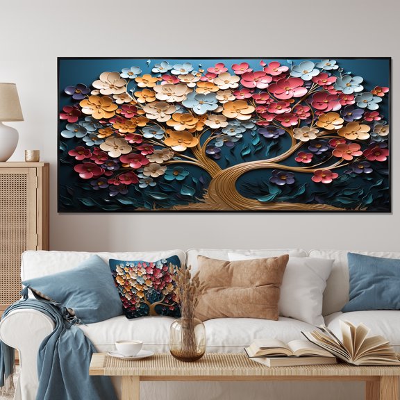 Designart "Multicolor Melody Golden Tree" Oversized Landscapes Framed Wall Art - Country Colorful Tree Hallway Framed Wall Art Decor