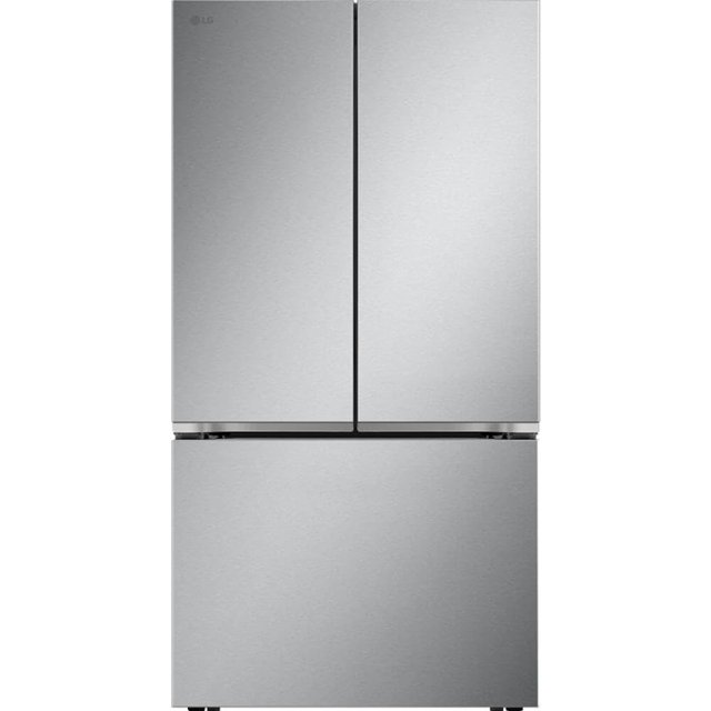 lg lrflc2716s 27 cu. ft. refrigerador inteligente de 3 puertas con profundidad de contrapeso de acero inoxidable, vista frontal centrada tipo French door superior y cajón congelador inferior; acero inoxidable cepillado, tiradores integrados, dispensador de agua interno, máquina de hielo individual, iluminación LED y compatibilidad LG ThinQ; apto para instalación a profundidad de mostrador MAX, también suele usarse para organizar bebidas y separados de almacenamiento en cocinas compactas.
